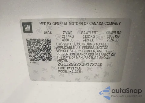 2018 Chevrolet Impala Premier z USA, uszkodzony, nr VIN 2G1125S3XJ9173740